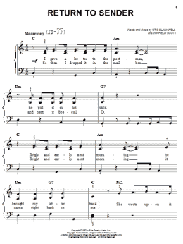 page one of Return To Sender (Easy Piano)