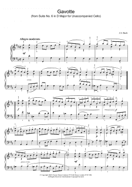 page one of Gavotte (from Suite No. 6 in D Major for Unaccompanied Cello) (Piano Solo)
