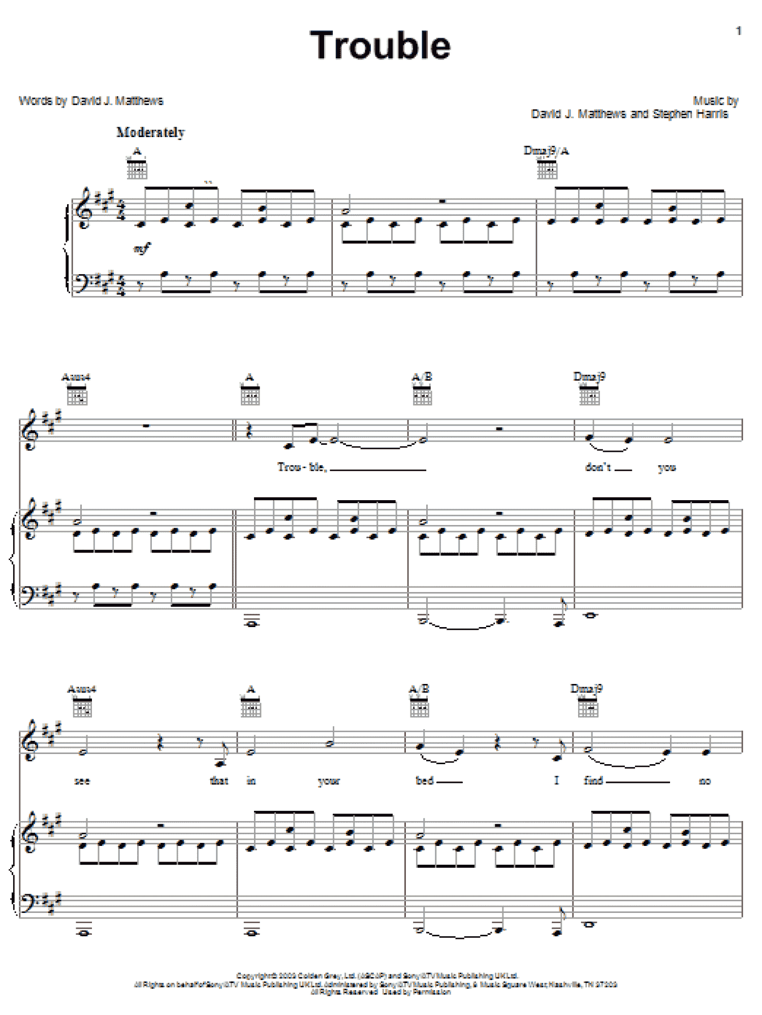 Trouble (Piano, Vocal & Guitar Chords (Right-Hand Melody))