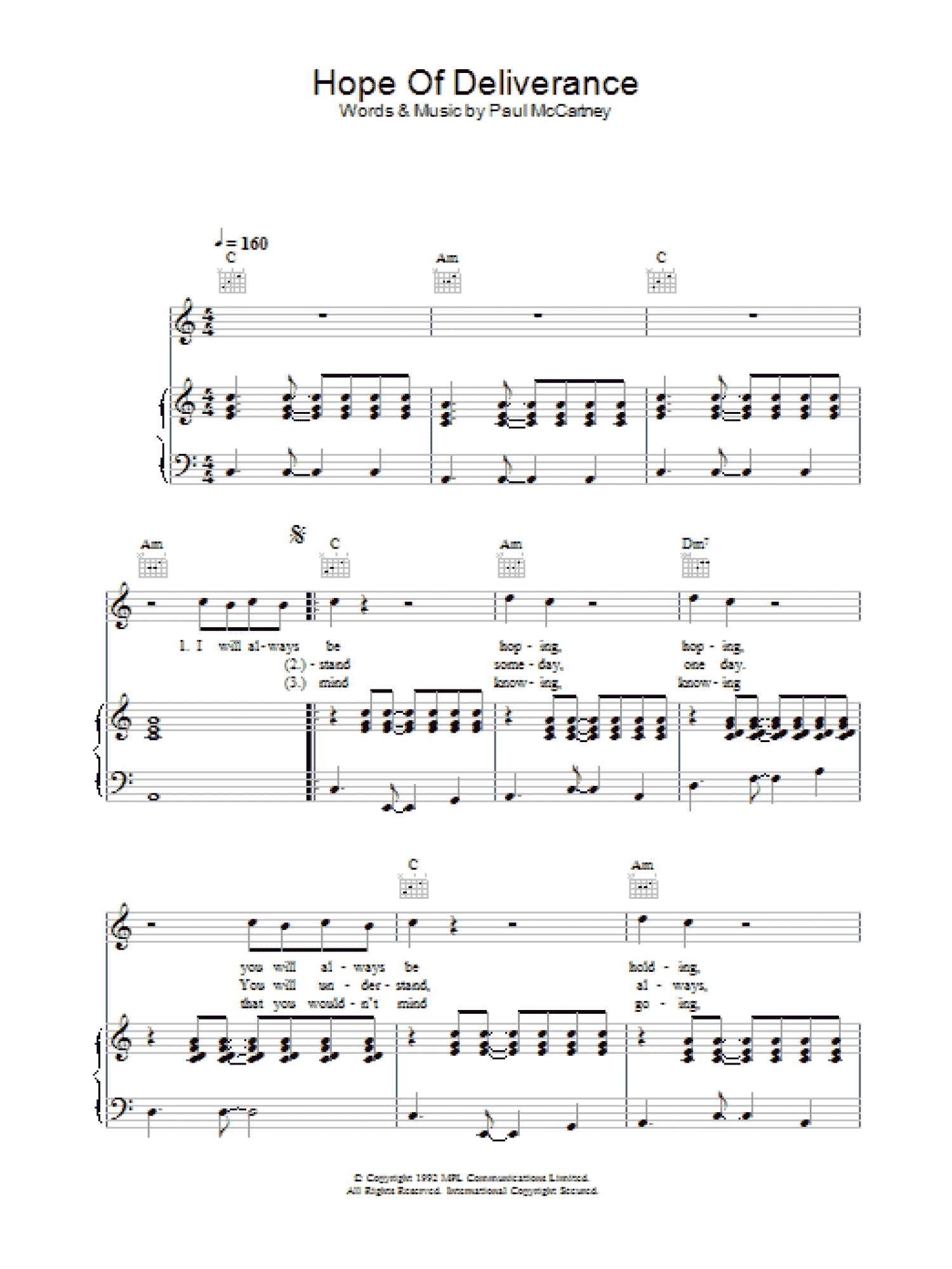 Hope Of Deliverance (Piano, Vocal & Guitar Chords)