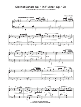 page one of Clarinet Sonata No. 1 in F Minor, Op. 120 (2nd movement: Andante un poco adagio) (Piano Solo)