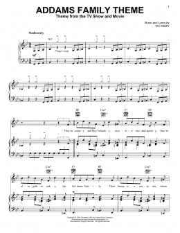 page one of The Addams Family Theme (Piano, Vocal & Guitar Chords (Right-Hand Melody))