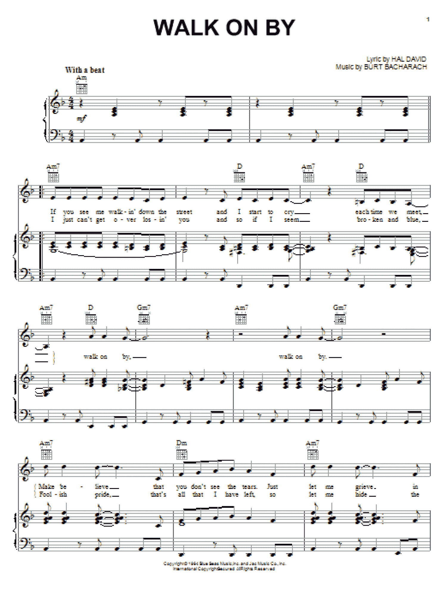 Walk On By (Piano, Vocal & Guitar Chords (Right-Hand Melody))