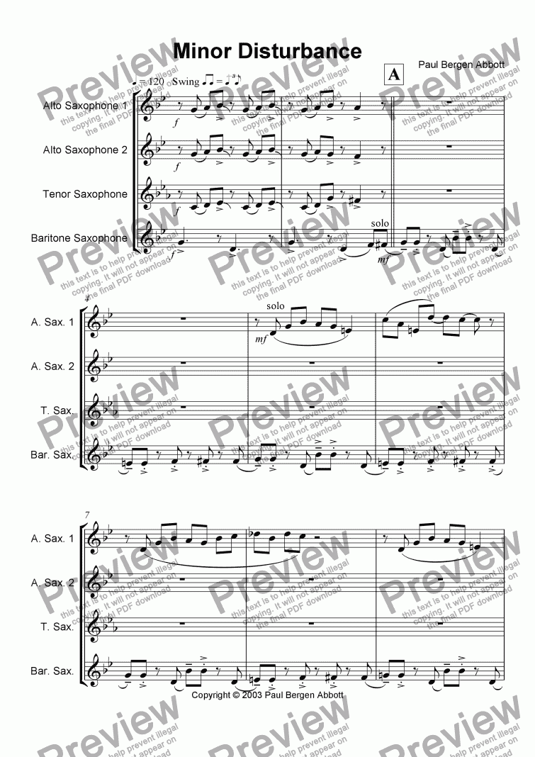 page one of Minor Disturbance (saxophone quartet)