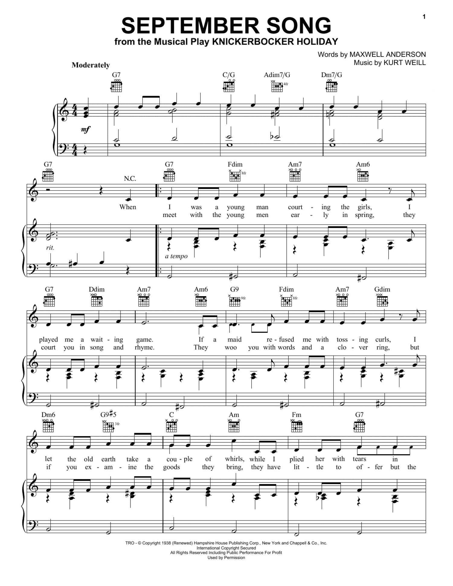September Song (Piano, Vocal & Guitar Chords (Right-Hand Melody))
