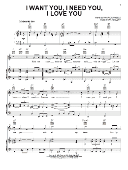page one of I Want You, I Need You, I Love You (Piano, Vocal & Guitar Chords (Right-Hand Melody))