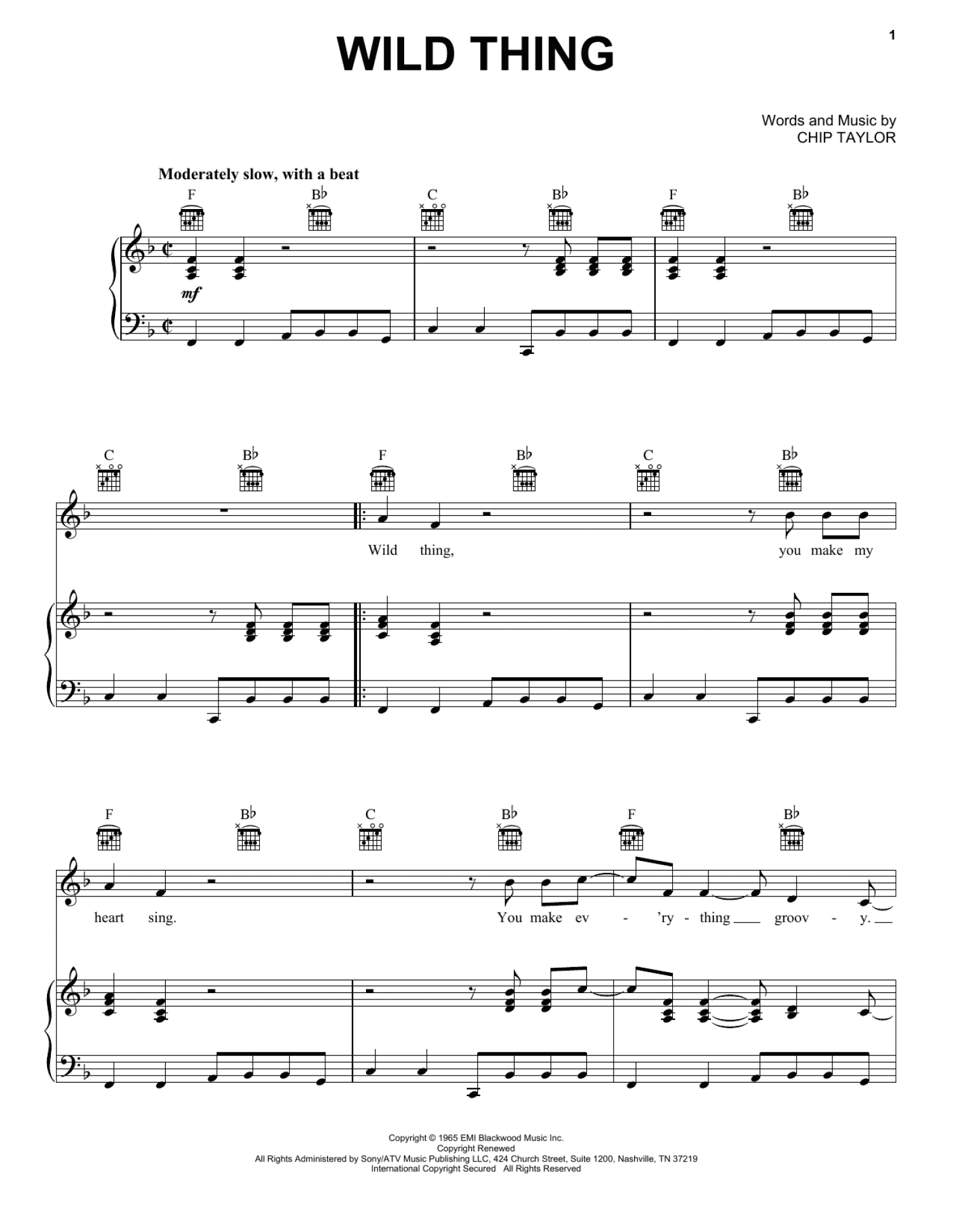 Wild Thing (Piano, Vocal & Guitar Chords (Right-Hand Melody))