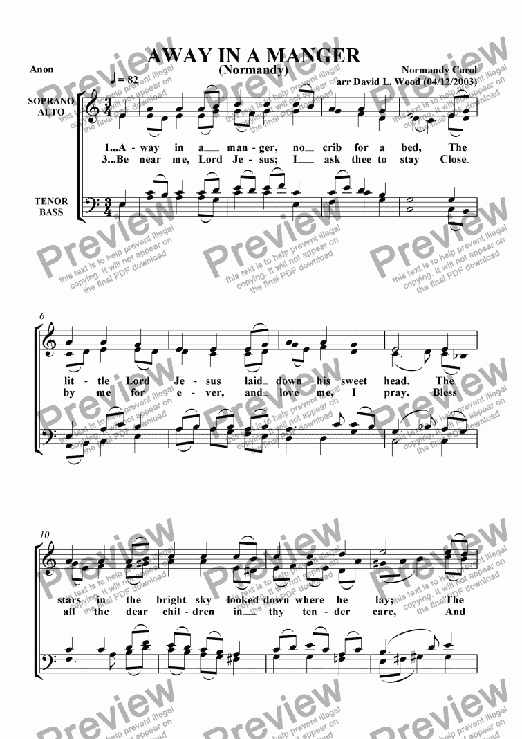 page one of Away in a manger (Normandy Tune)