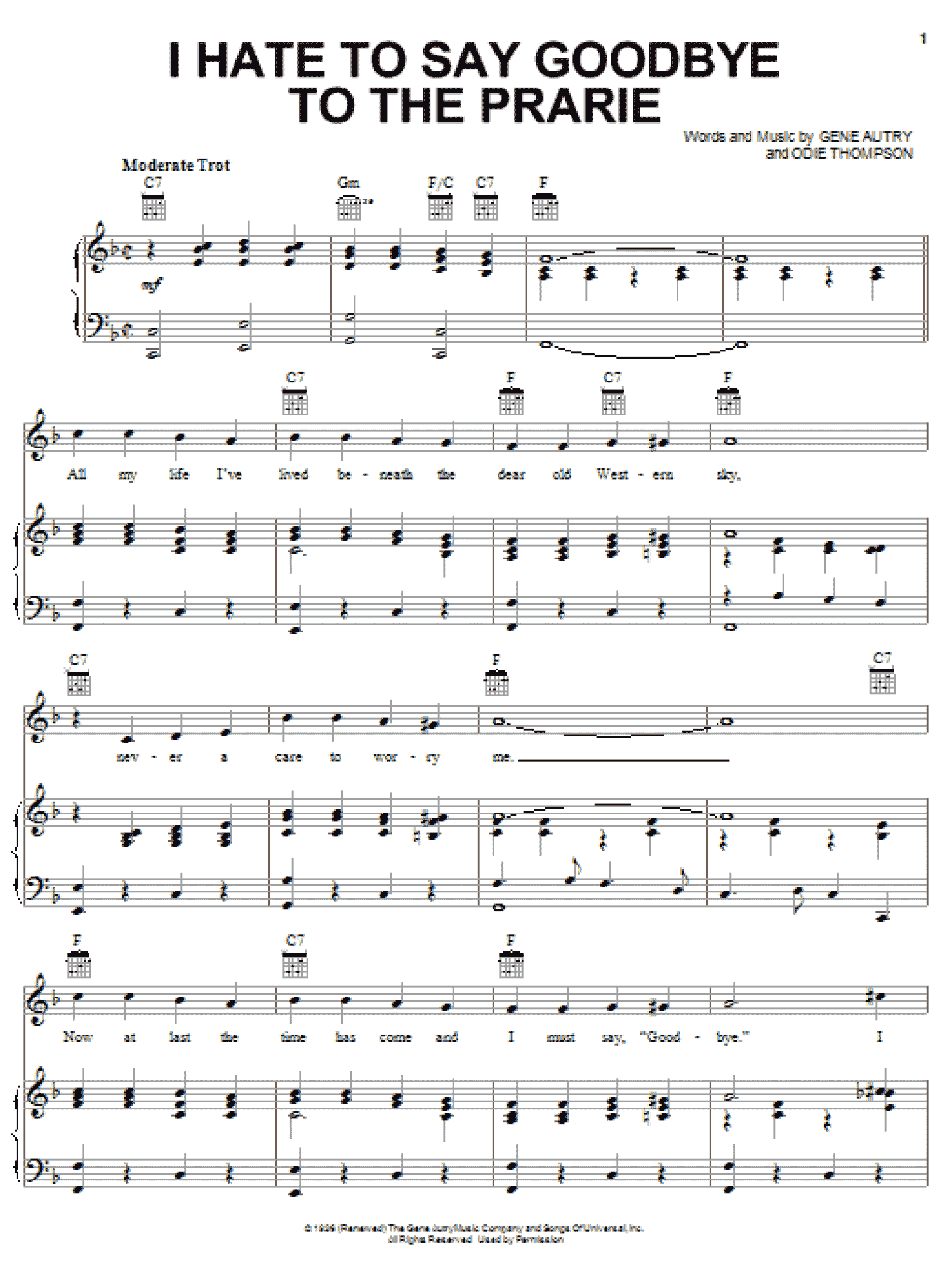 I Hate To Say Goodbye To The Prairie (Piano, Vocal & Guitar Chords (Right-Hand Melody))