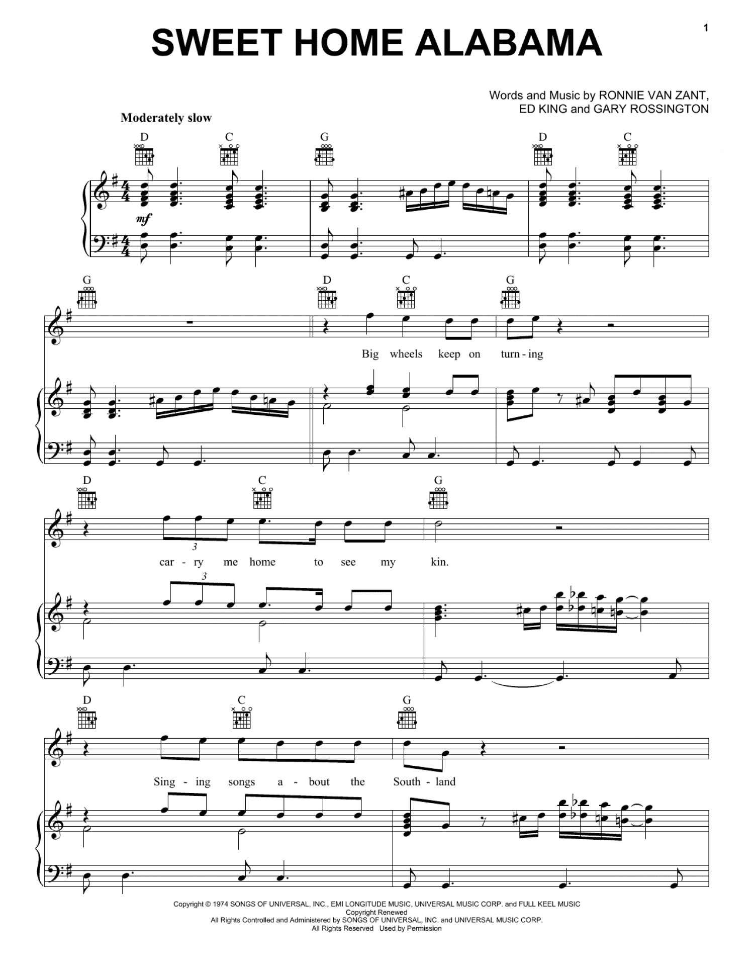 Sweet Home Alabama (Piano, Vocal & Guitar Chords (Right-Hand Melody))