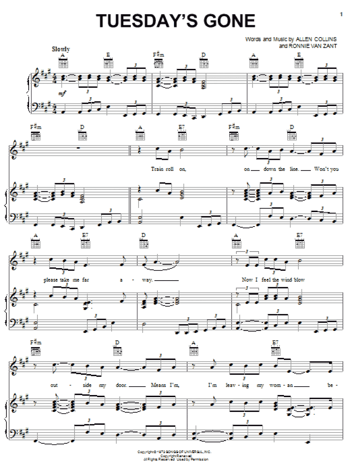 Tuesday's Gone (Piano, Vocal & Guitar Chords (Right-Hand Melody))