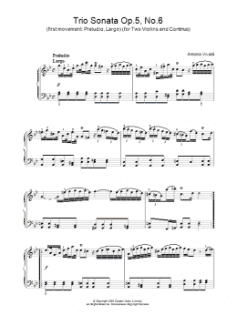 page one of Trio Sonata Op.5, No.6 (1st Movement: Preludio, Largo) (for Two Violins and Continuo) (Piano Solo)