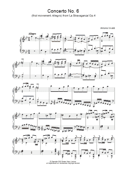 page one of Concerto No.6 (1st Movement: Allegro) from 'La Stravaganza' Op.4 (Piano Solo)