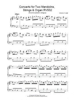 page one of Concerto for Two Mandolins, Strings & Organ RV532 (1st Movement: Allegro) (Piano Solo)