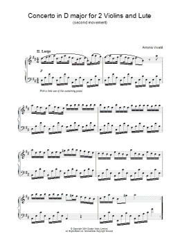 page one of Concerto in D major for 2 Violins and Lute (second movement) (Piano Solo)