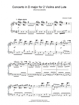 page one of Concerto in D major for 2 Violins and Lute (first movement) (Piano Solo)