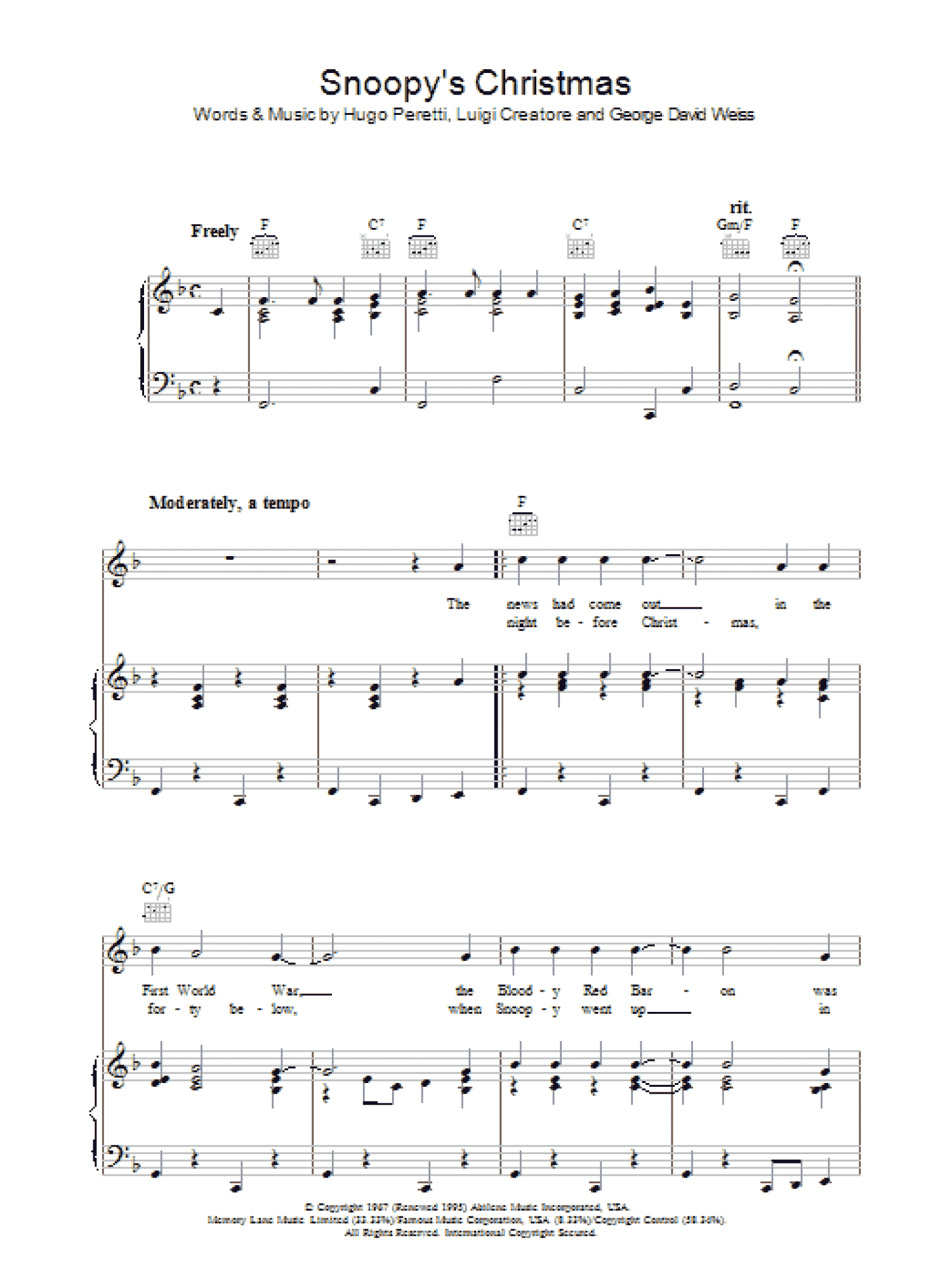 Snoopy's Christmas (Piano, Vocal & Guitar Chords)