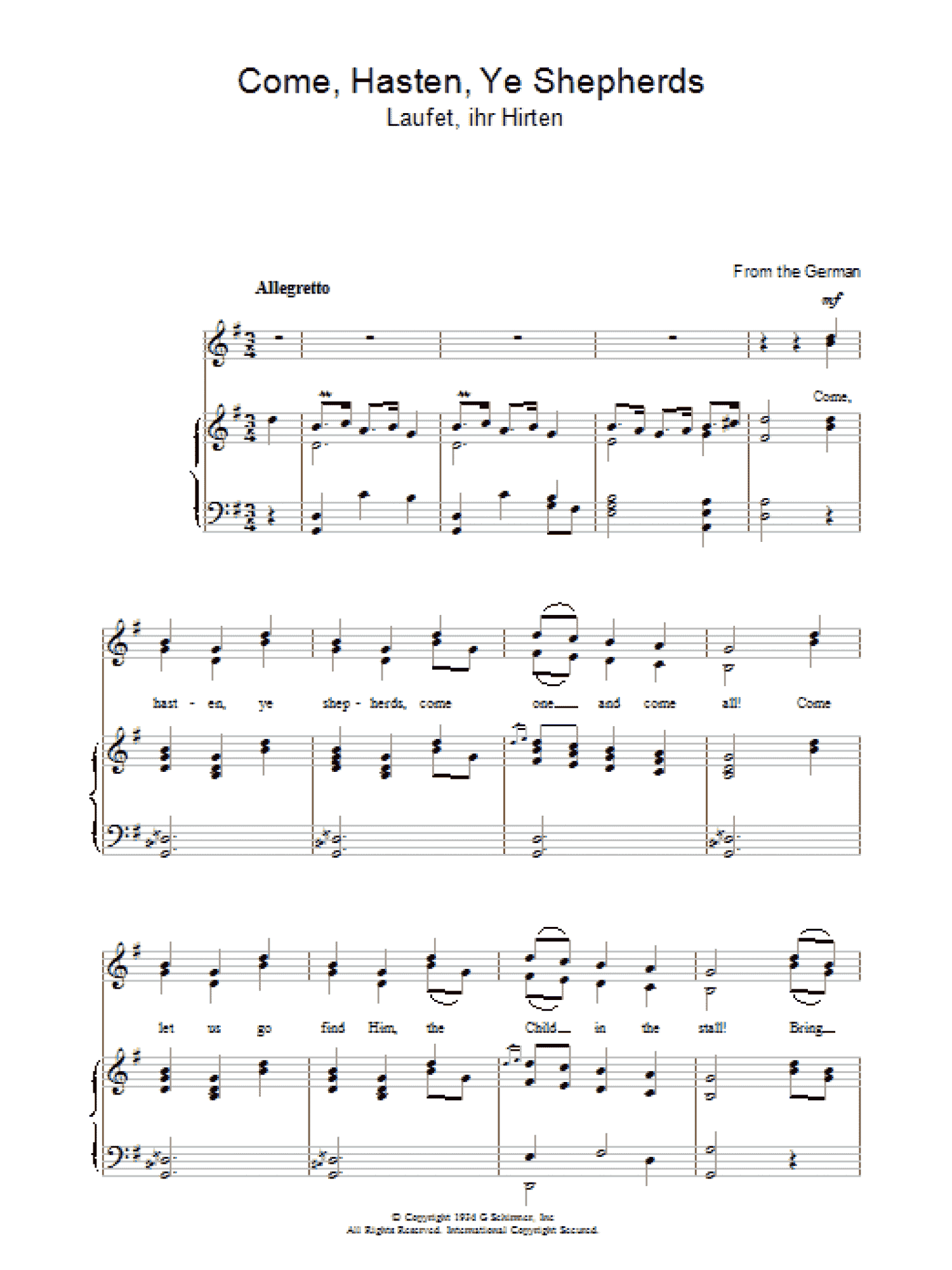 Come Hasten Ye Shepherds (Piano, Vocal & Guitar Chords)