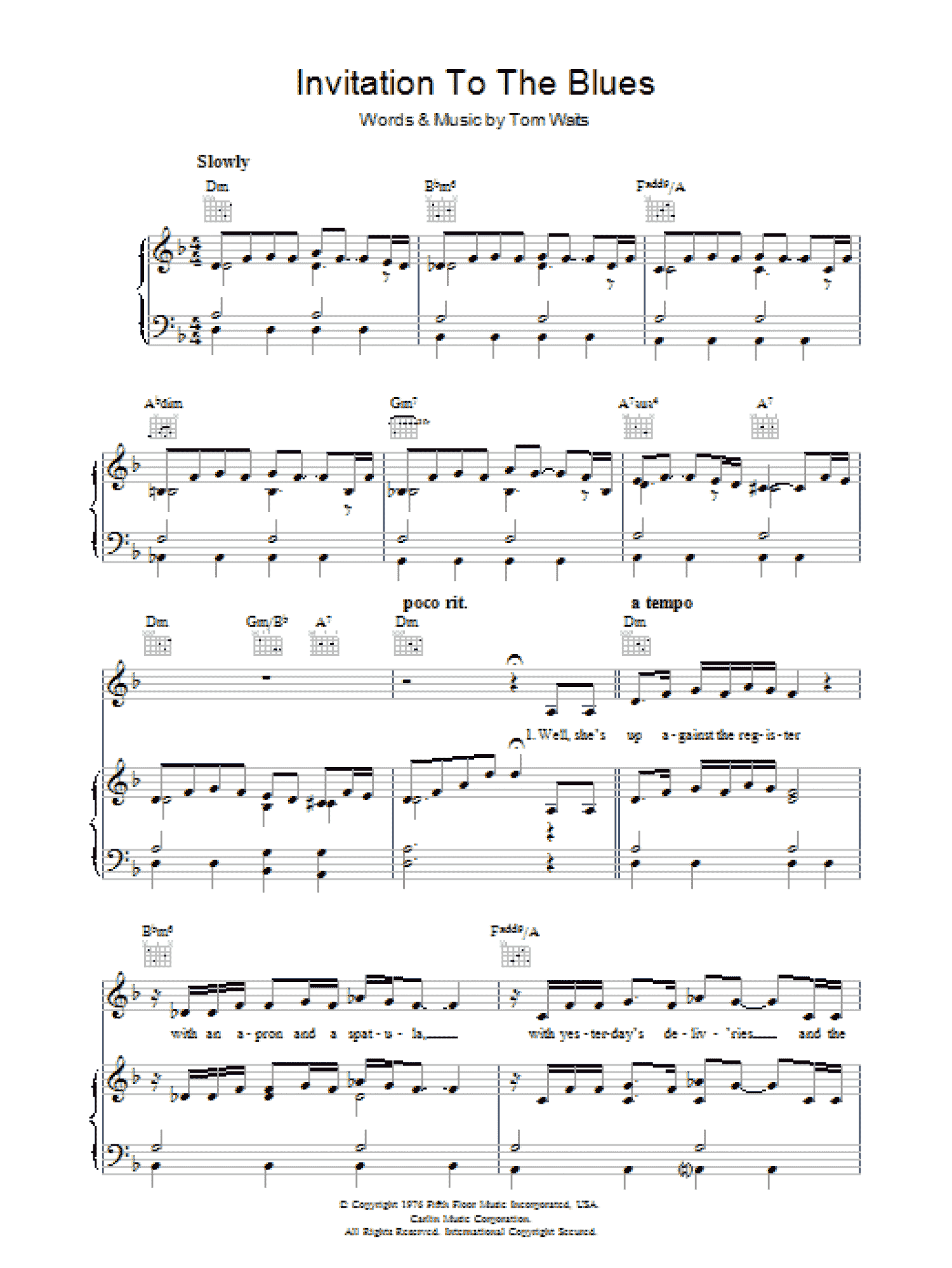 Invitation To The Blues (Piano, Vocal & Guitar Chords)
