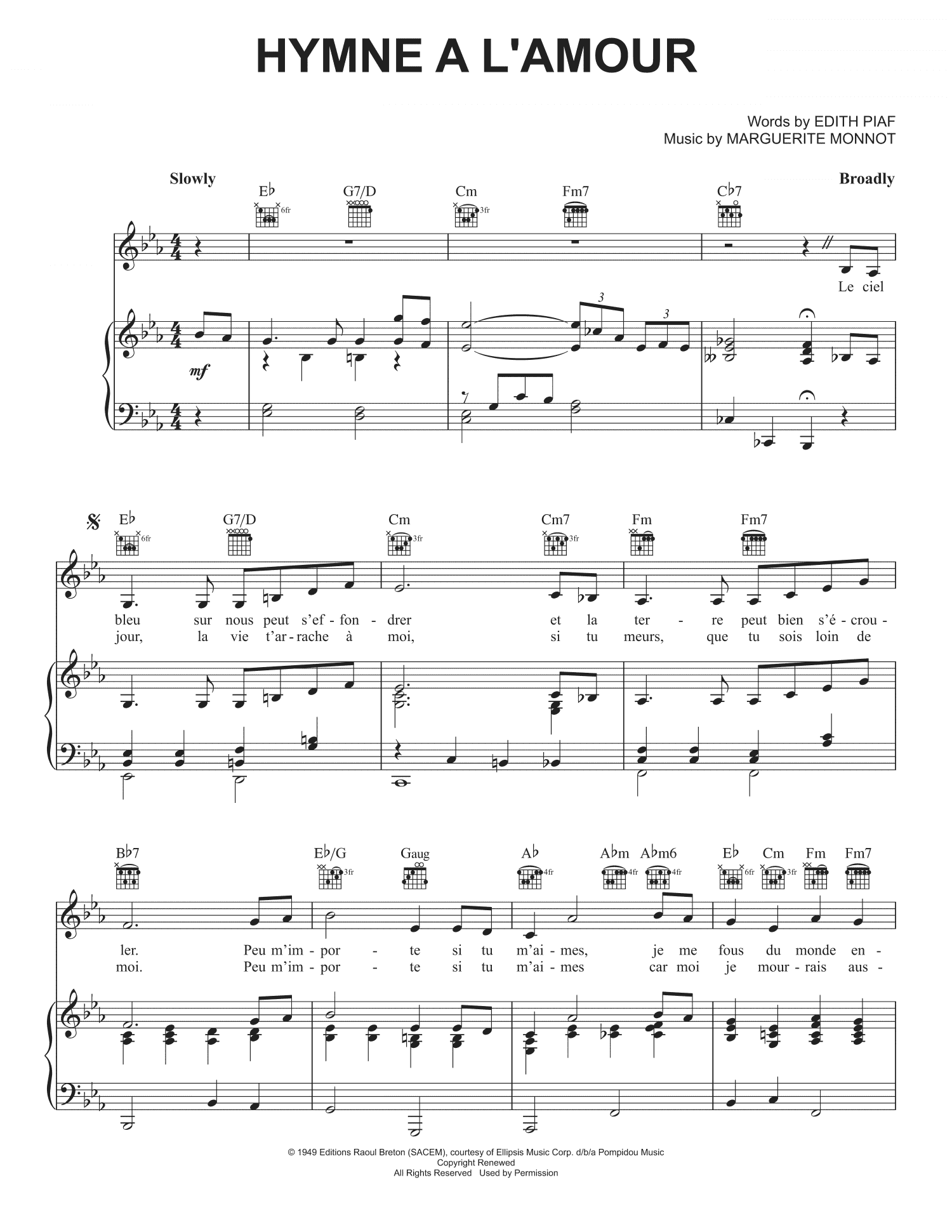 If You Love Me (I Won't Care) (Hymne A L'amour) (Piano, Vocal & Guitar Chords (Right-Hand Melody))