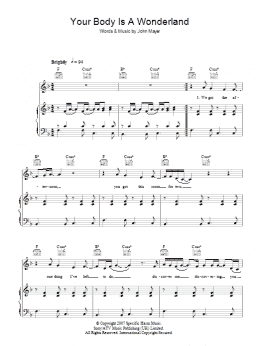 page one of Your Body Is A Wonderland (Piano, Vocal & Guitar Chords)