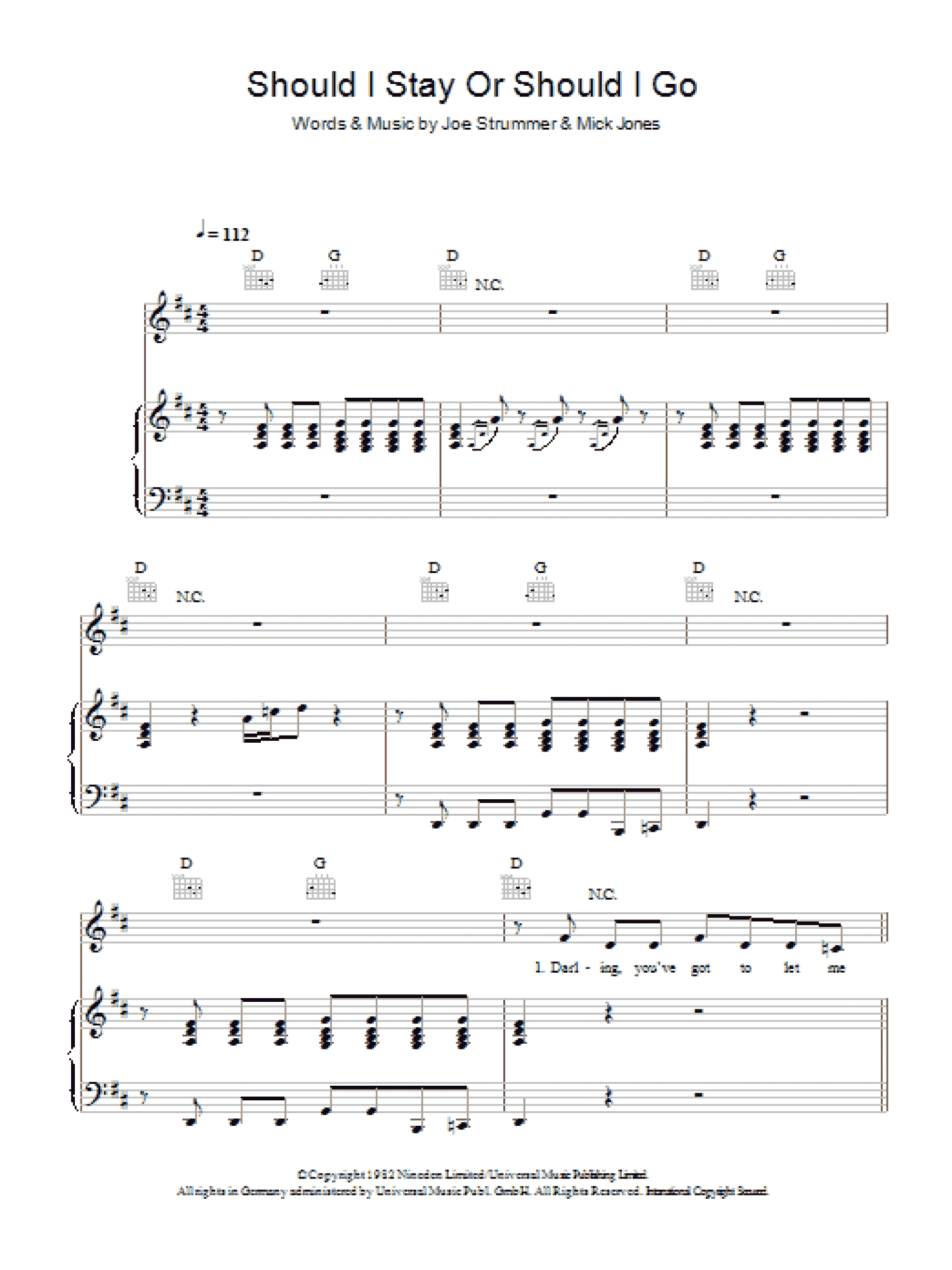 Should I Stay Or Should I Go (Piano, Vocal & Guitar Chords)