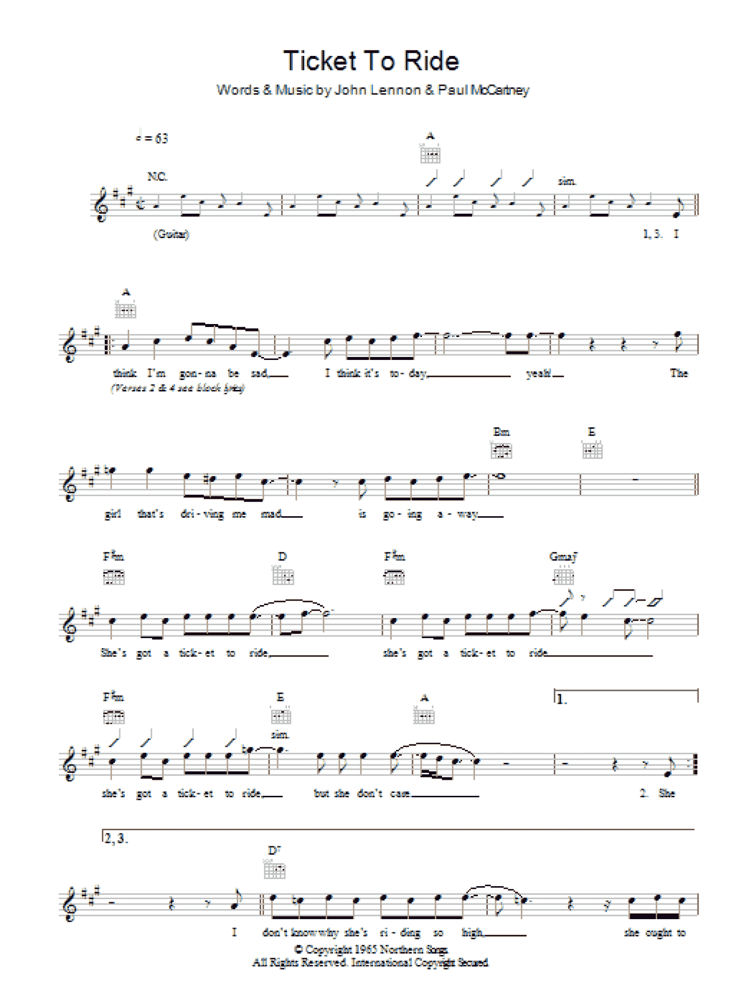 Ticket To Ride (Lead Sheet / Fake Book)