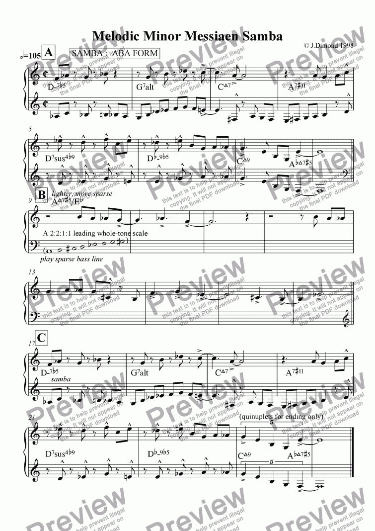 page one of Melodic Minor Messiaen Samba