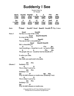 page one of Suddenly I See (Guitar Chords/Lyrics)