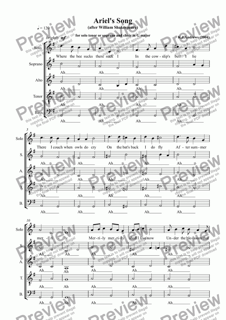 page one of Ariel’s Song: 5 parts