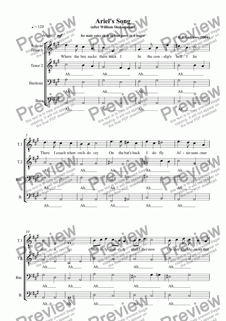 page one of Ariel’s Song: 4 parts