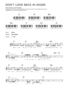 page one of Don't Look Back In Anger (Piano Chords/Lyrics)