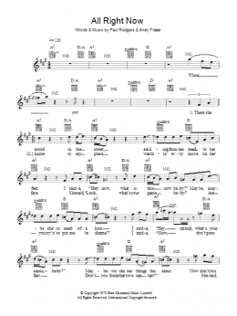 page one of All Right Now (Lead Sheet / Fake Book)