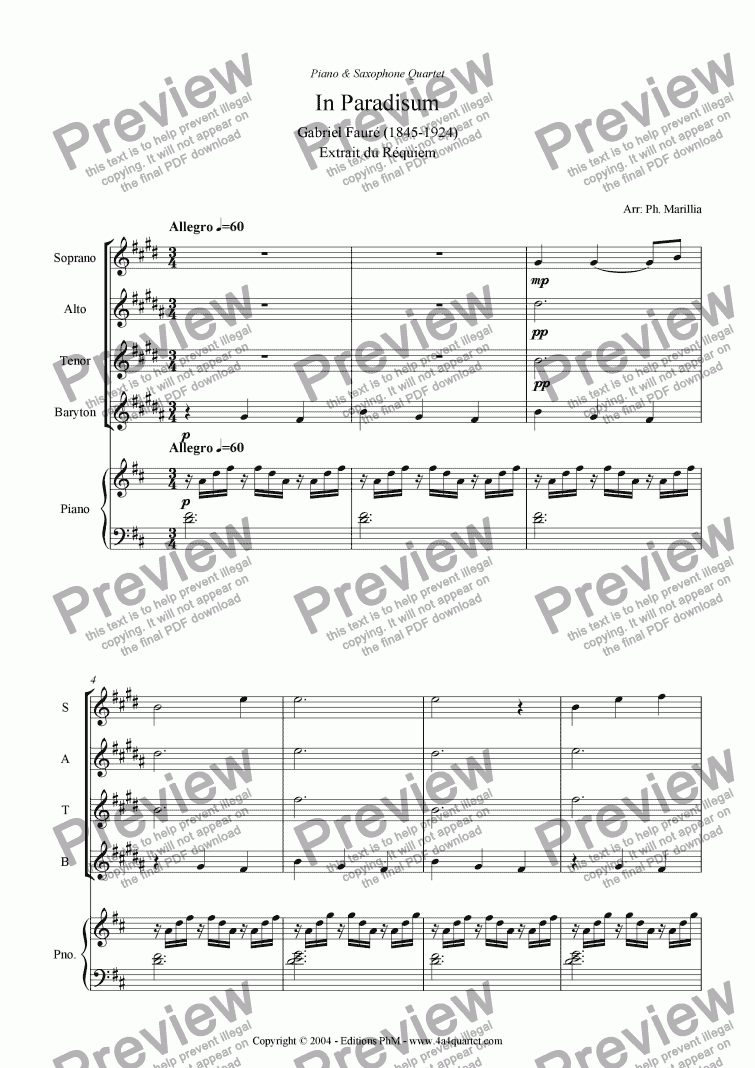 page one of Faur� - Requiem (In Paradisum) - Sax Quartet + Piano
