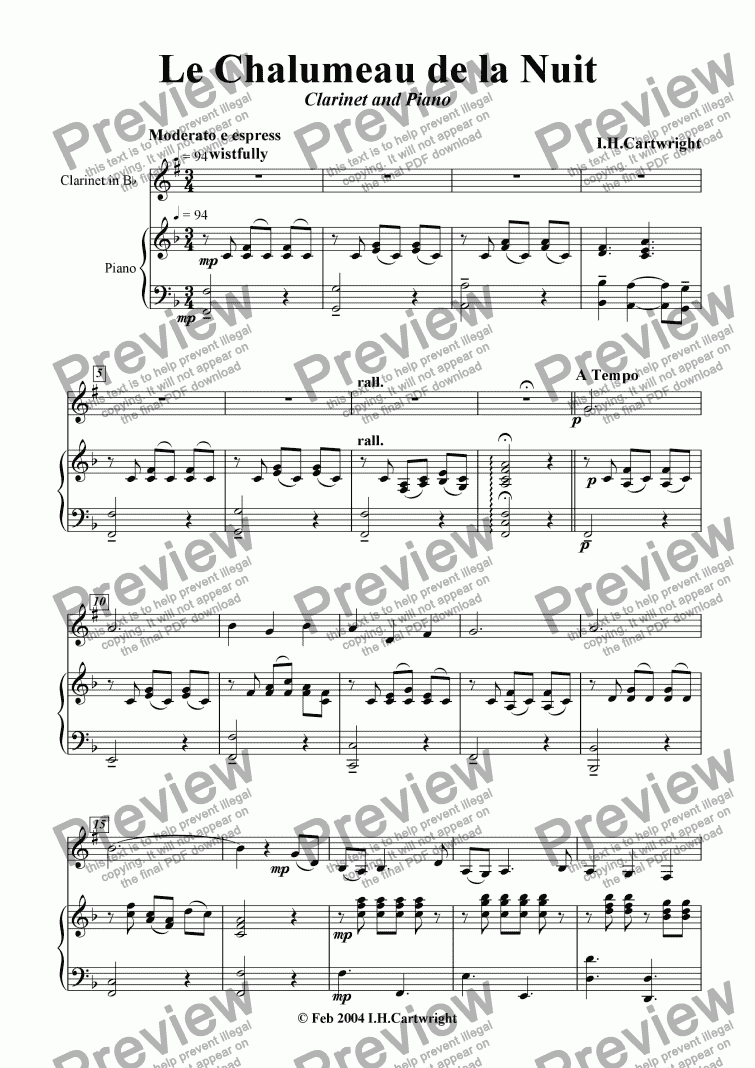 page one of Le Chalumeau de la Nuit for clarinet & piano