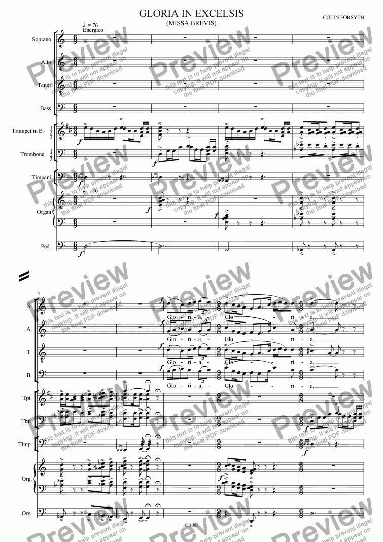 page one of Missa Brevis for S.A.T.B, Soli, Brass, Timpani and Organ 'Gloria in Excelsis'.