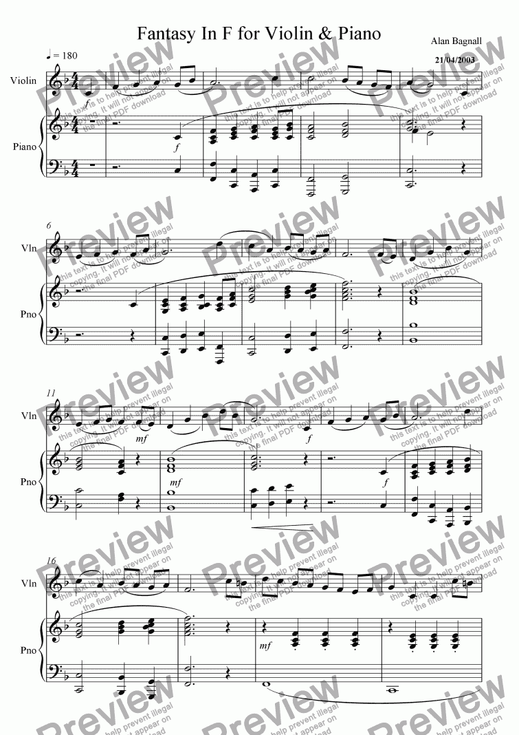 page one of Fantasy for Violin and Piano in F Major