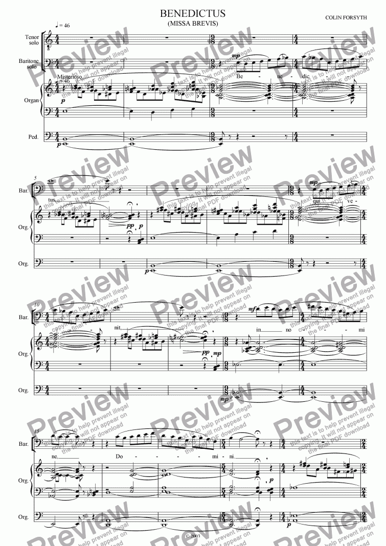 page one of Missa Brevis for S.A.T.B., Soli, Brass, Timpani and Organ. 'Benedictus'.