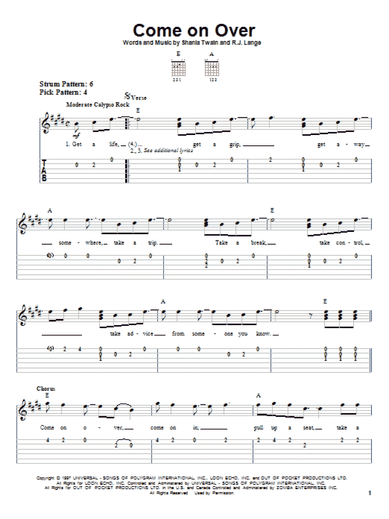 Come On Over (Easy Guitar Tab)