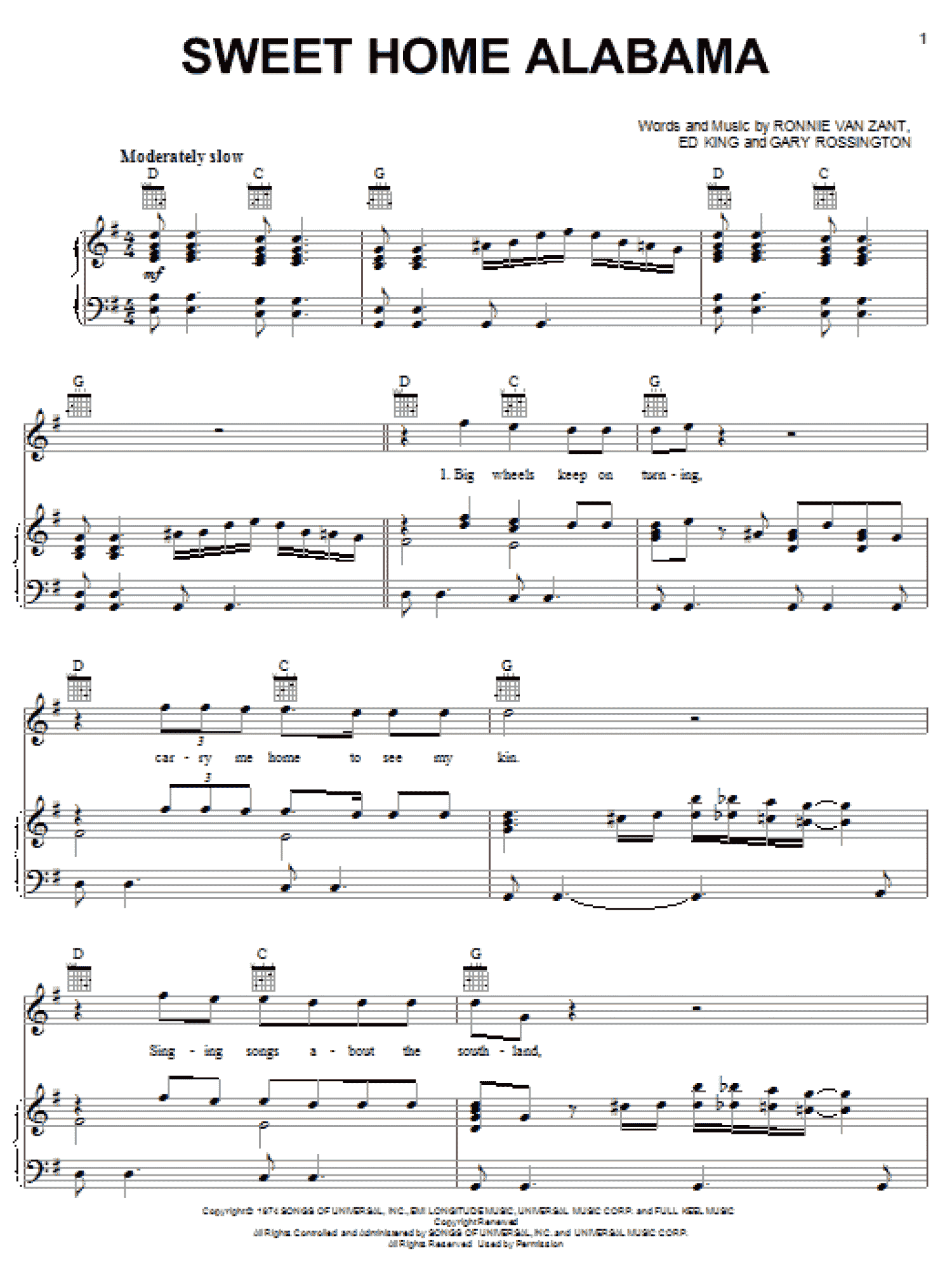 Sweet Home Alabama (Piano, Vocal & Guitar Chords (Right-Hand Melody))