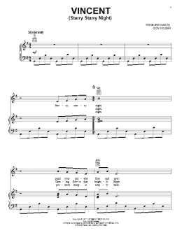 page one of Vincent (Starry Starry Night) (Piano, Vocal & Guitar Chords (Right-Hand Melody))