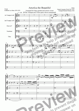page one of America the Beautiful (Transposed for Brass Quintet)