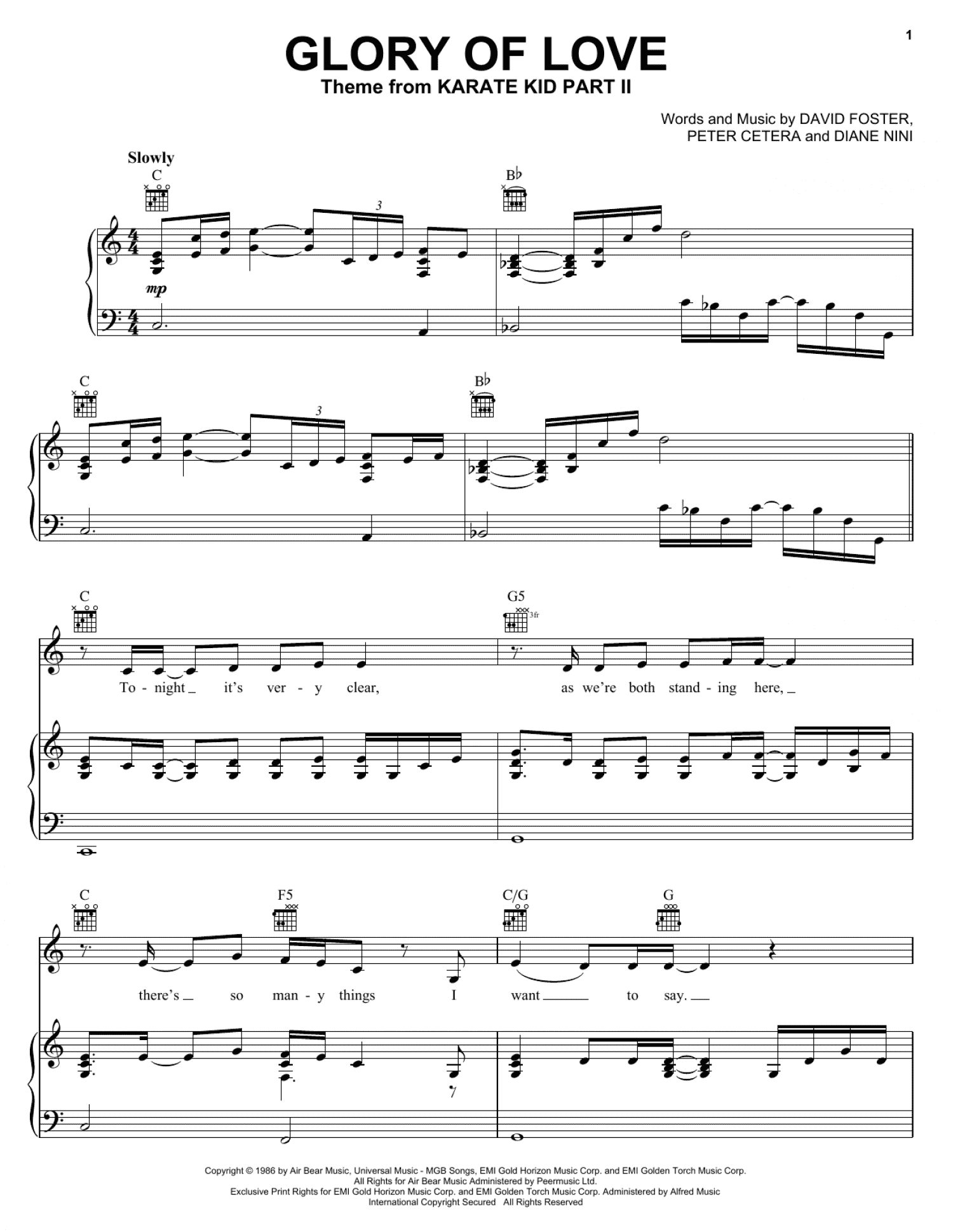 Glory Of Love (Piano, Vocal & Guitar Chords (Right-Hand Melody))