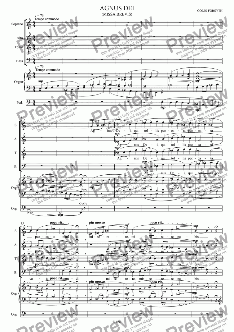 page one of Missa Brevis for S.A.T.B., Soli, Brass, Timpani and Organ. 'Agnus Dei'.