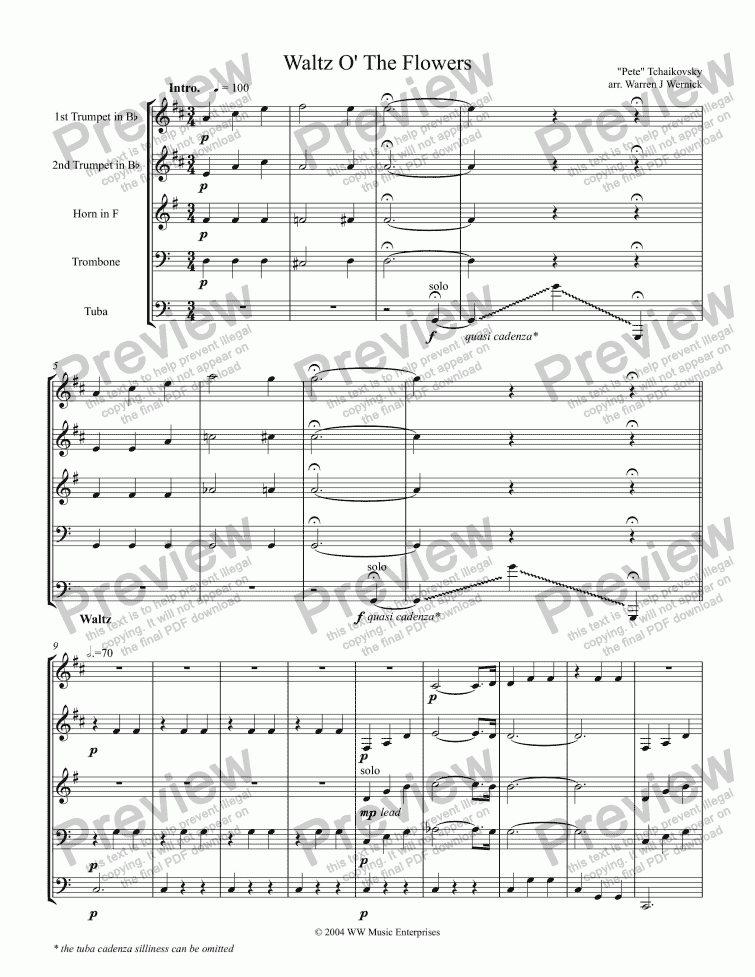 page one of Waltz O' The Flowers for Brass Quintet