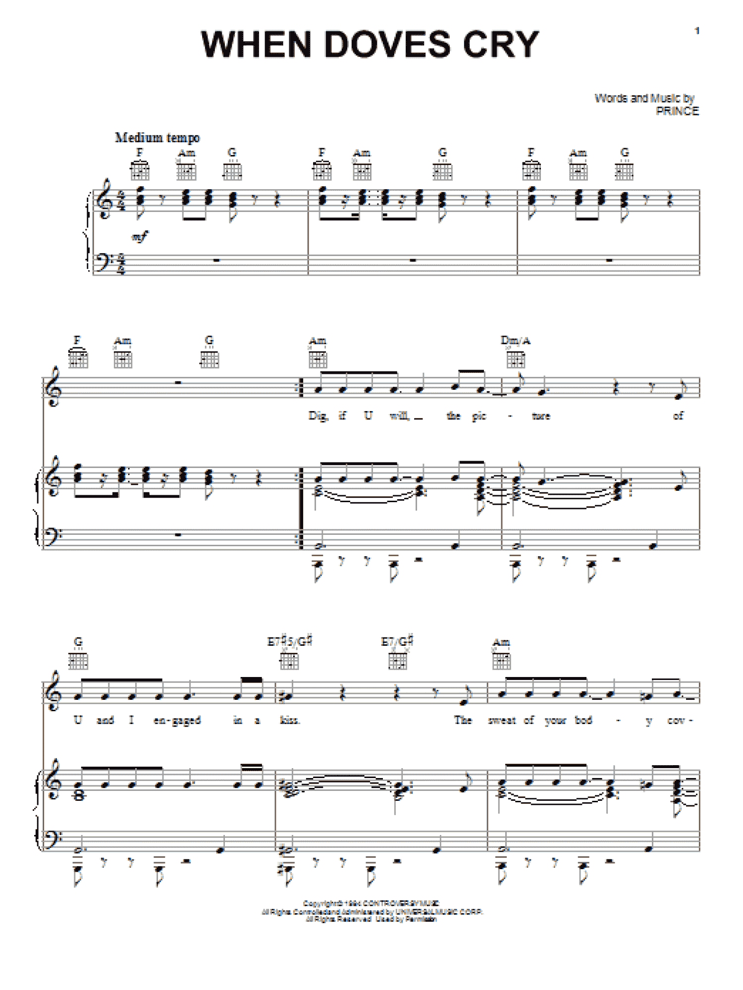 When Doves Cry (Piano, Vocal & Guitar Chords (Right-Hand Melody))