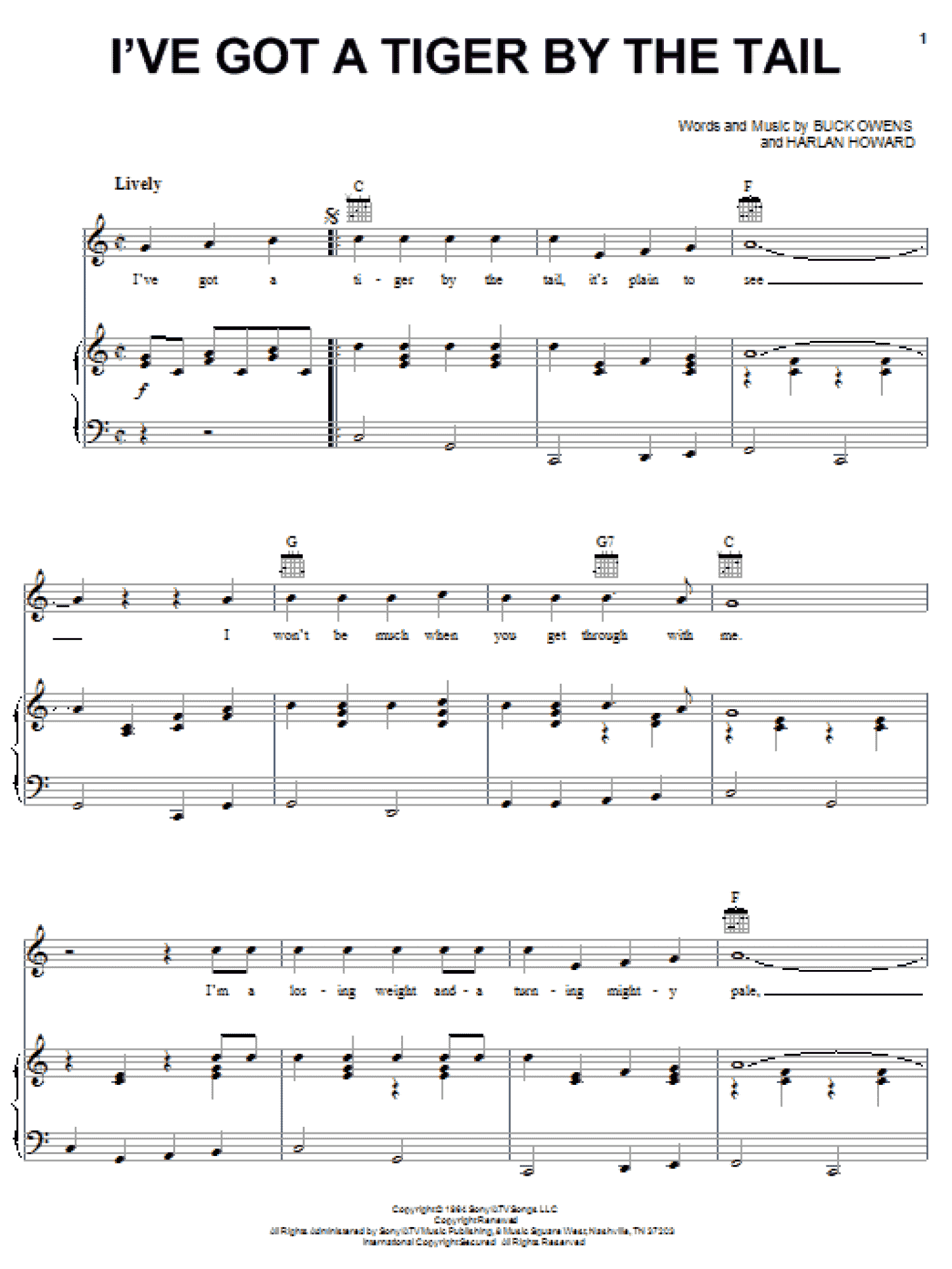 I've Got A Tiger By The Tail (Piano, Vocal & Guitar Chords (Right-Hand Melody))
