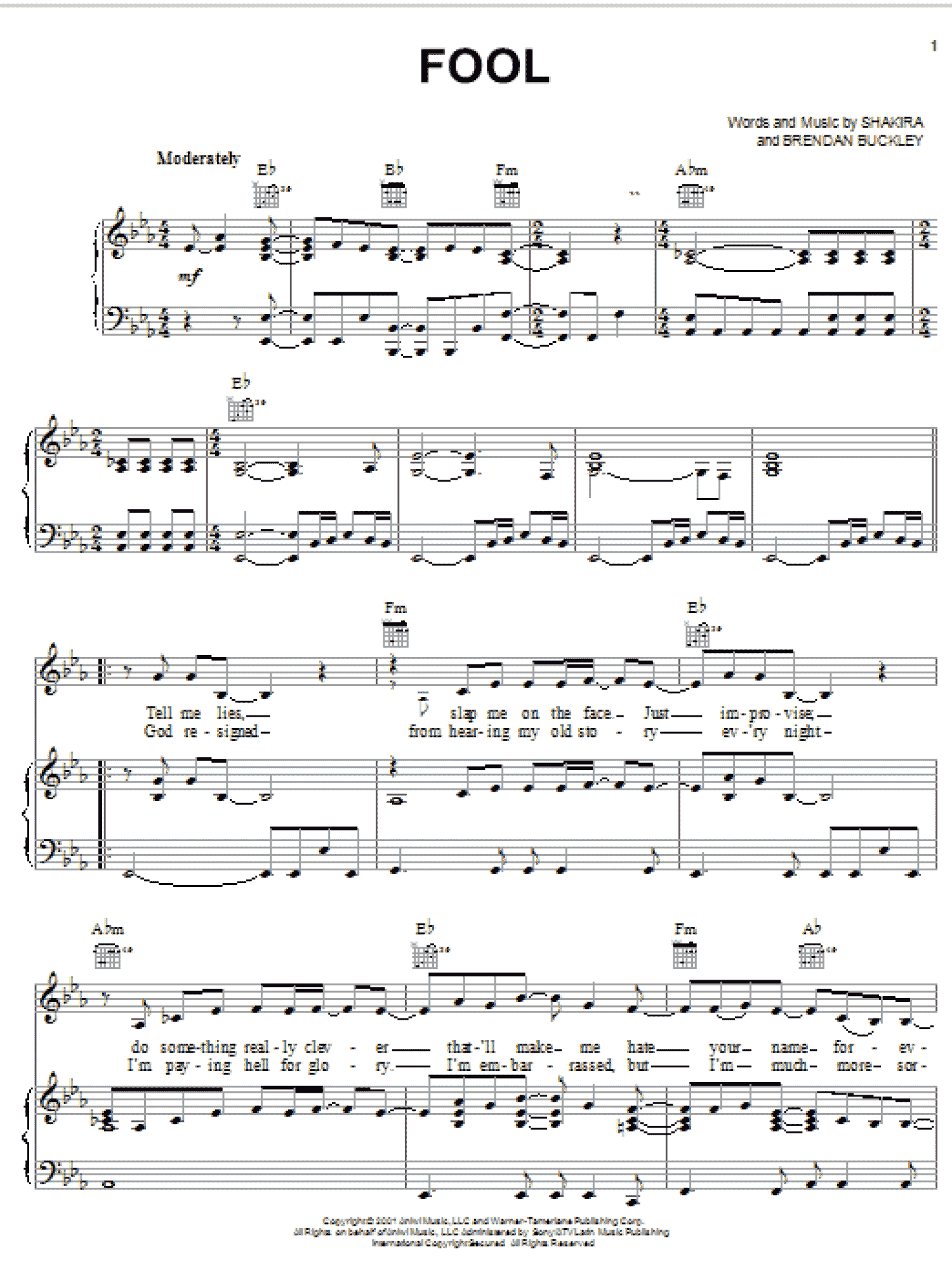 Fool (Piano, Vocal & Guitar Chords (Right-Hand Melody))