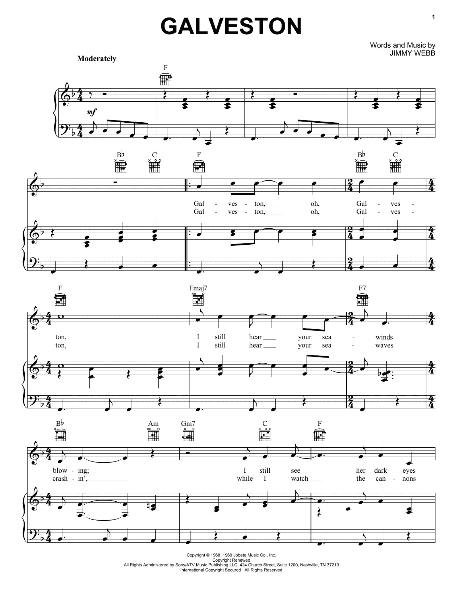 Galveston (Piano, Vocal & Guitar Chords (Right-Hand Melody))
