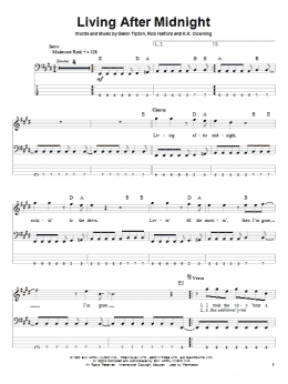 page one of Living After Midnight (Bass Guitar Tab)